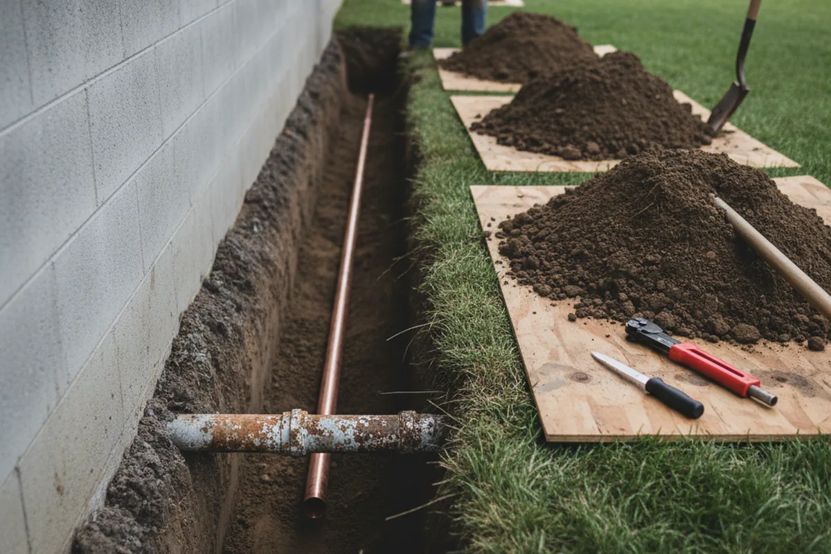 Excavated water line trench during Sewer Line Repair in Elk Grove